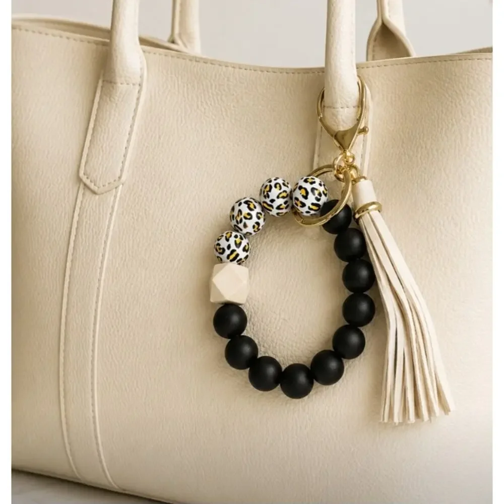 Silicone Black Leopard Beaded Wristlet Bag Charm New
